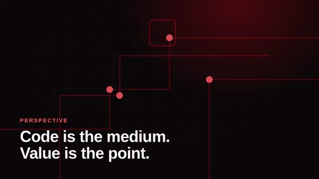 Abstract circuit-board artwork with the article title, in One Eleven brand red on black